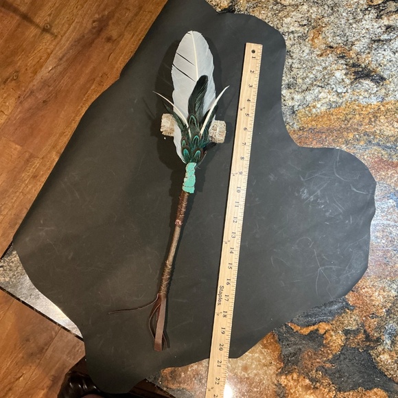 Sage Smudge Ceremonial Feather Wand Leather Turquoise - Picture 2 of 2